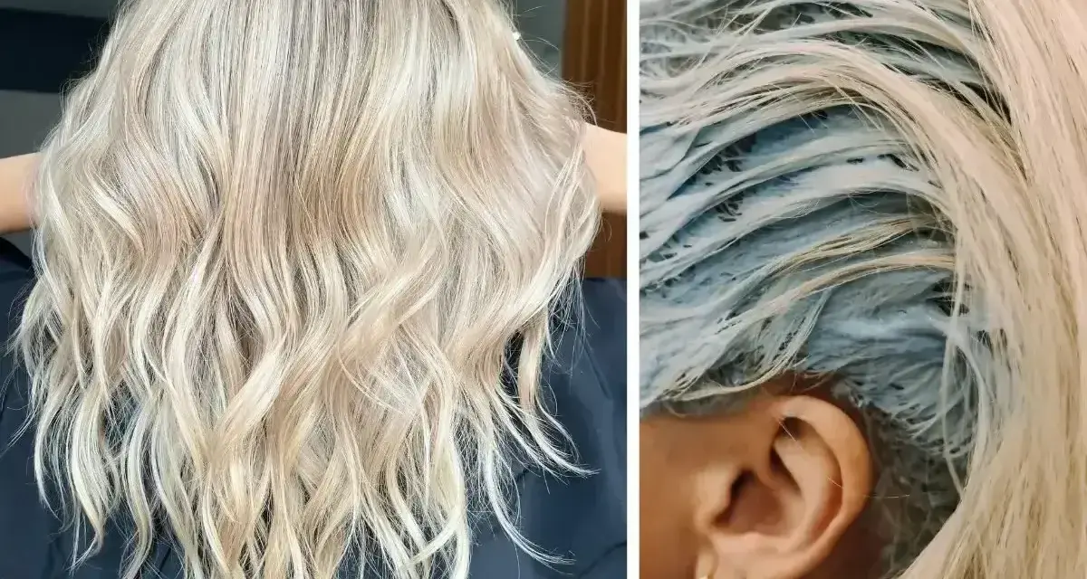 Przed i po metamorfozie: piękne, rozświetlone blond włosy po zabiegu farbowania. Widać pasma z nałożoną niebieską farbą.