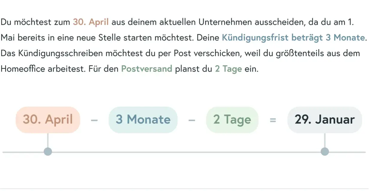 Beispiel: Kündigung zum 30. April bei 3 Monaten Kündigungsfrist und 2 Tagen Postlaufzeit. Dies entspricht dem §622 BGB.