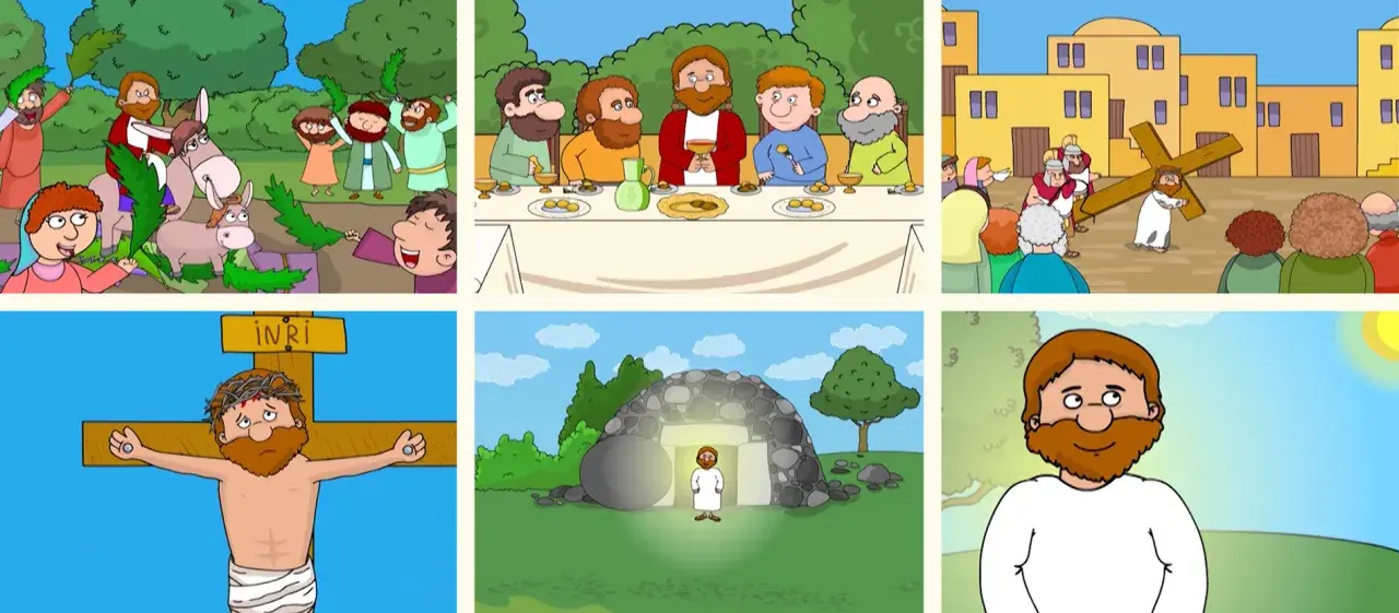 Bilder zeigen den Einzug in Jerusalem, das letzte Abendmahl, die Kreuzigung und die **Wiederauferstehung Jesu** aus dem Grab.