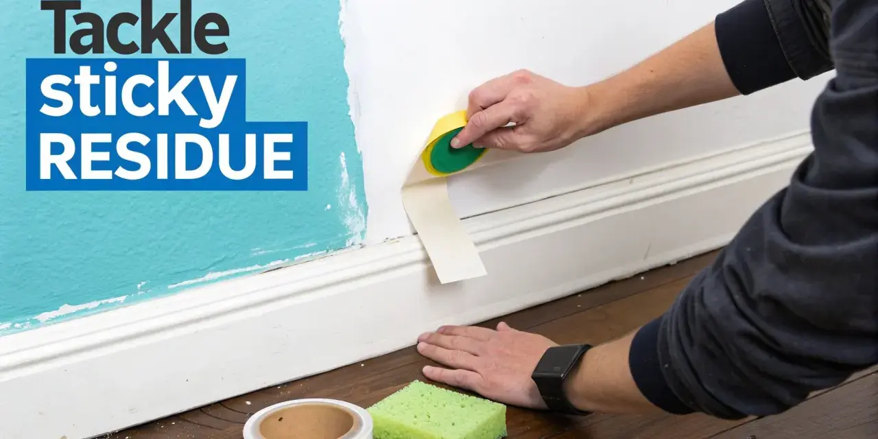 Learn how to get adhesive off wall with this guide. A hand uses a sponge to remove tape residue from a painted wall.