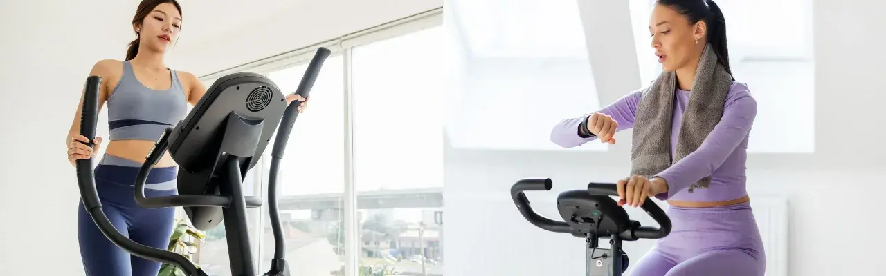A woman uses a cross trainer while another checks her watch on an exercise bike, showcasing two popular cardio options.