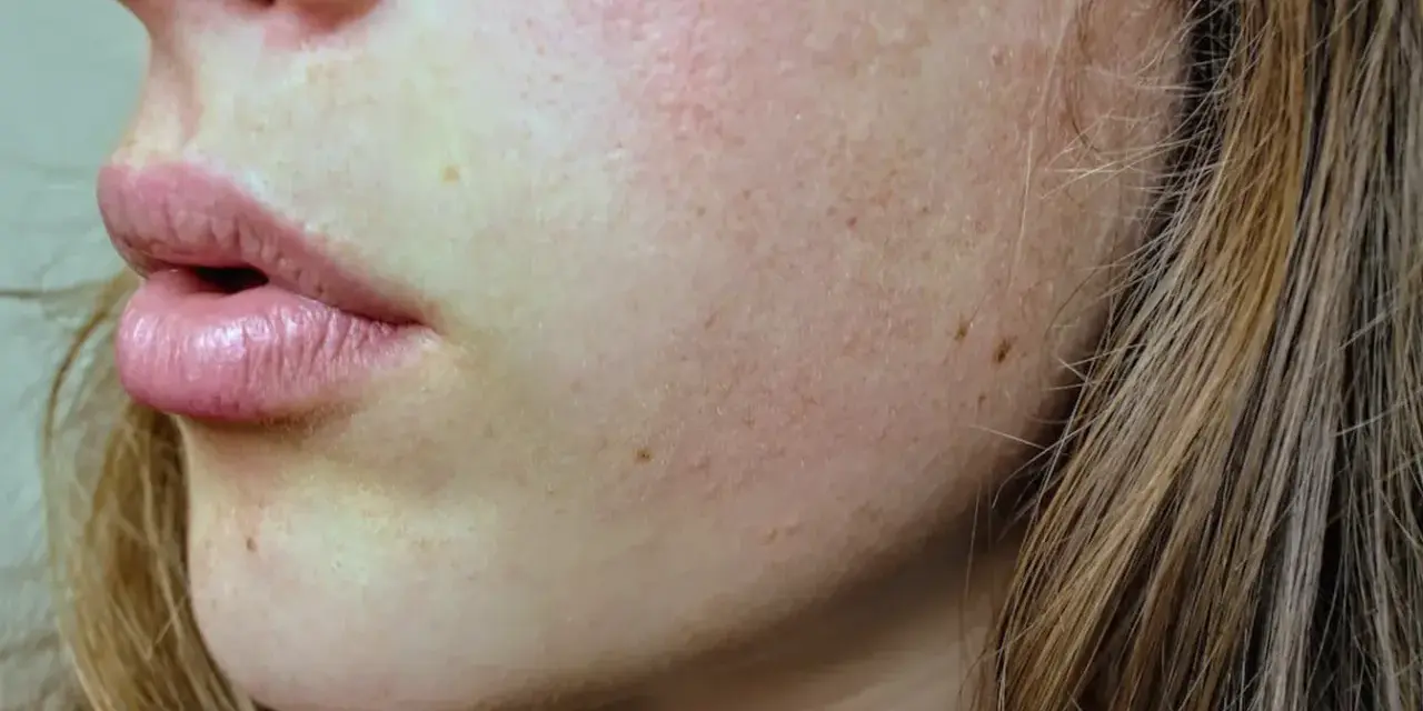 Primer plano de la piel de una mujer con poros obstruidos, pecas y labios rosados.