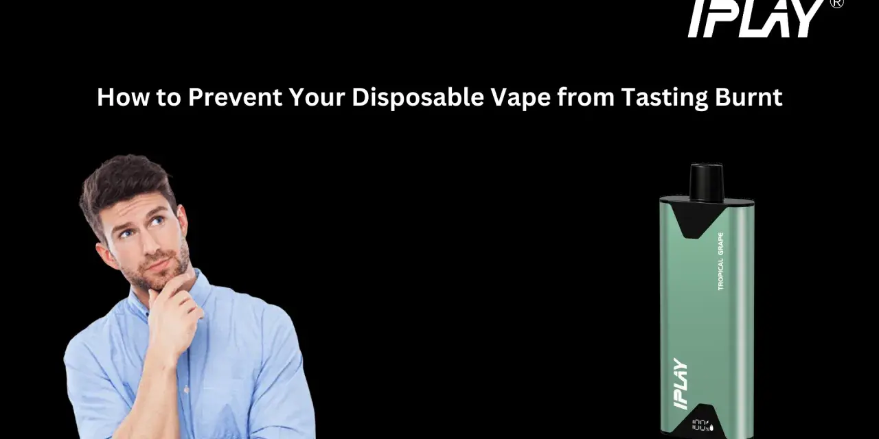 Hombre pensativo junto a un vapeador IPLAY Tropical Grape. Aprende a quitar sabor a quemado y disfrutar de tu experiencia.