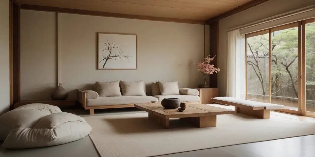 Salón minimalista con muebles de madera de estilo asiático, cojines grandes y una vista al jardín.