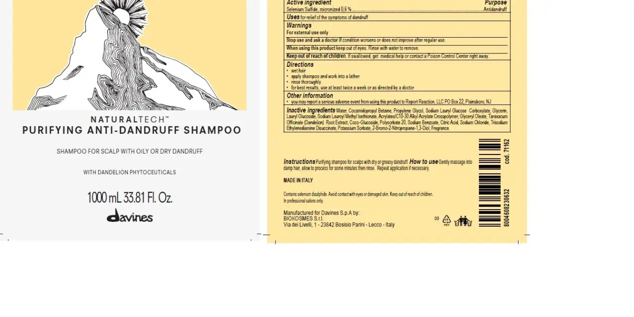 Grafika przedstawia etykietę szamponu przeciwłupieżowego z rysunkiem góry i słońca.