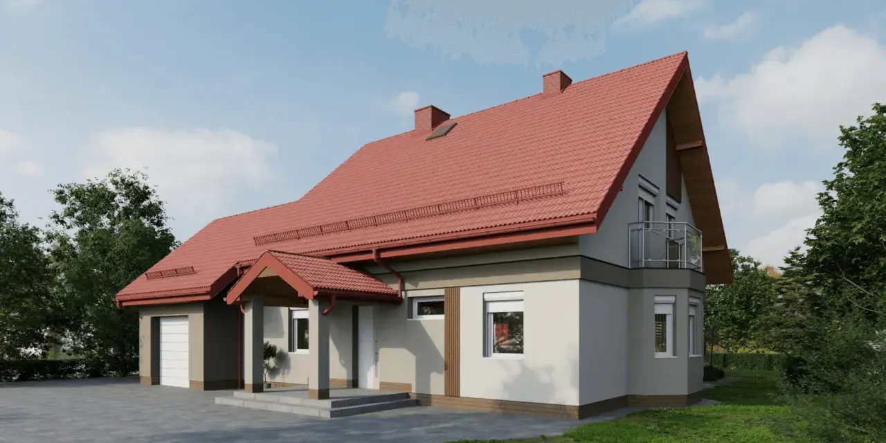 Nowoczesny projekt elewacji domu z czerwonym dachem, garażem i balkonem.
