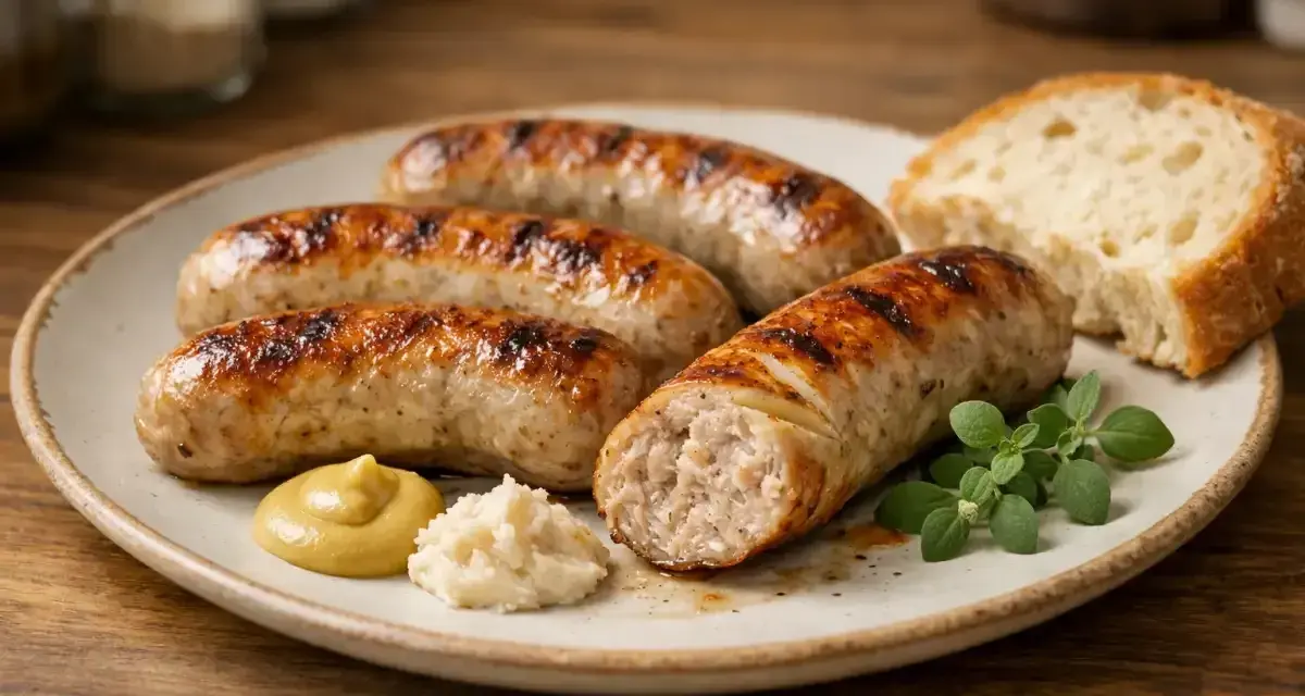Soczysta kiełbasa z airfryer, idealnie zarumieniona, podana z chlebem, musztardą i chrzanem. Pyszny obiad!