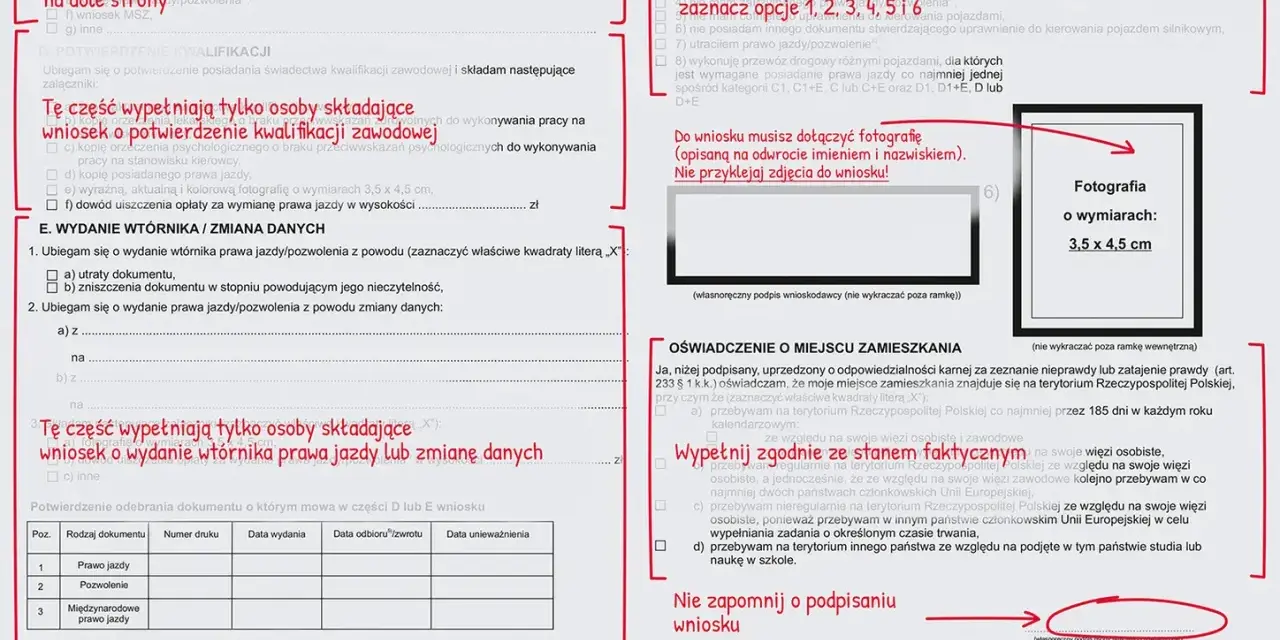 Formularz wniosku o wydanie prawa jazdy z miejscem na zdjęcie 3,5x4,5 cm.