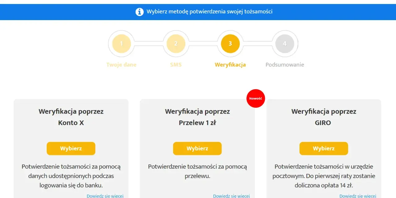 SuperGrosz.pl: wybierz metodę weryfikacji tożsamości, np. przelew 1 zł. Ułatwia to supergrosz wcześniejsza spłata.