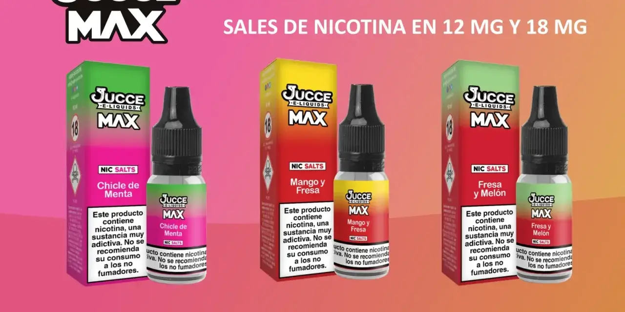 Tres botellas de e-juice Juccé Max con sabores Chicle de Menta, Mango y Fresa, y Fresa y Melón.