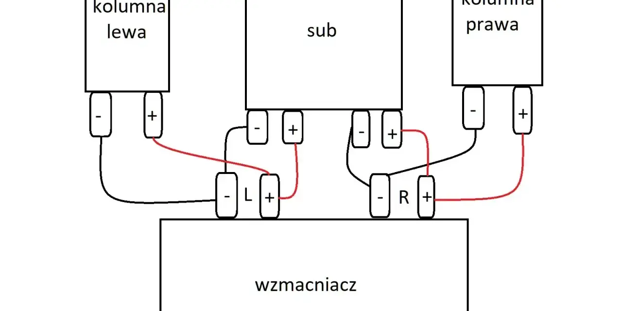 Schemat jak podłączyć subwoofer do wzmacniacza bez wyjścia. Połączenie głośników lewego i prawego z subwooferem i wzmacniaczem.