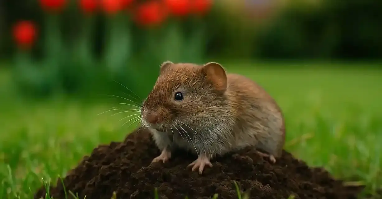 Mały karczownik siedzi na kopczyku ziemi w ogrodzie, wśród zielonej trawy i rozmytych czerwonych tulipanów.