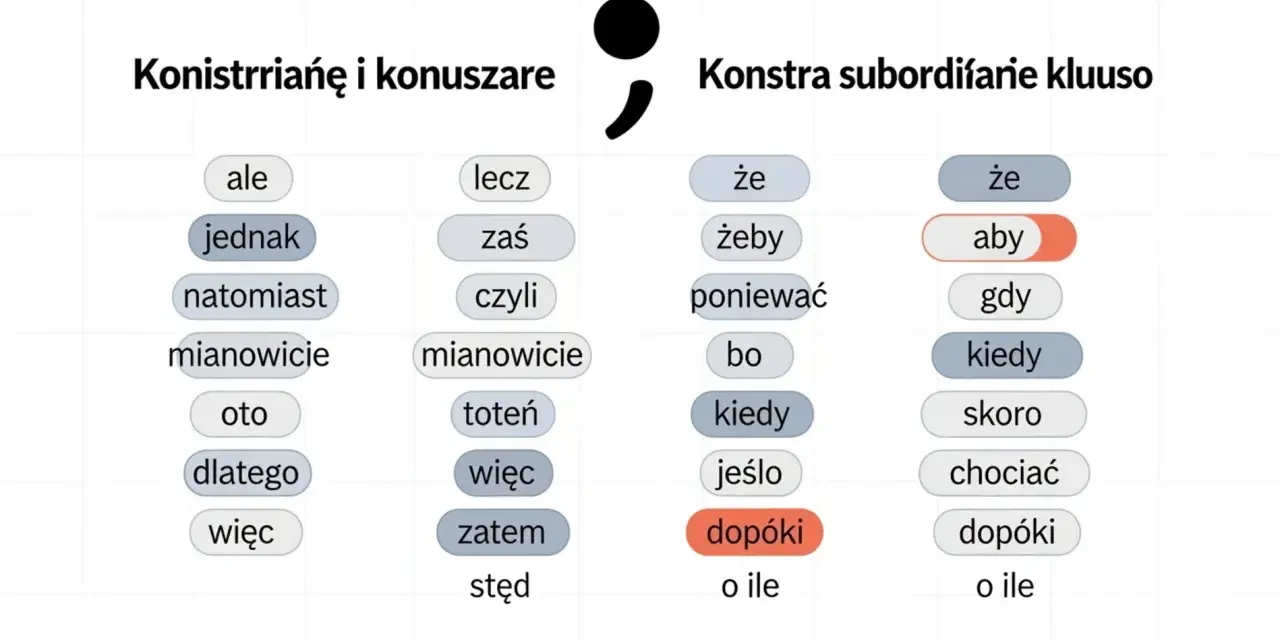 Tabela z polskimi spójnikami, podzielonymi na koniunkcyjne i podrzędne.