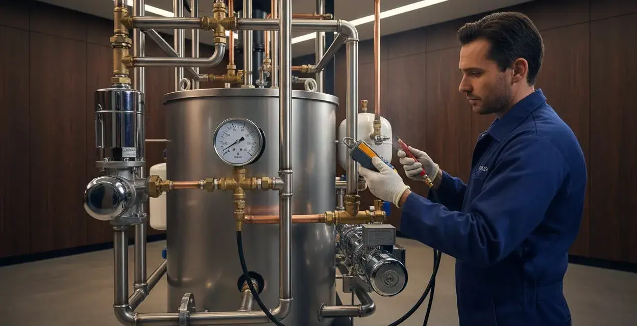 Tecnico controlla un complesso impianto idraulico. Valuta il **costo sostituzione scambiatore caldaia** per ottimizzare l'efficienza.