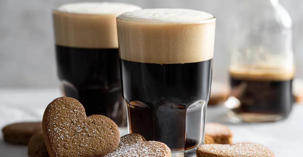 Två glas mörkt kaffe med skummande topp, omgivna av hjärtformade pepparkakor. Kanske en fika från Kaffe Karlsson?
