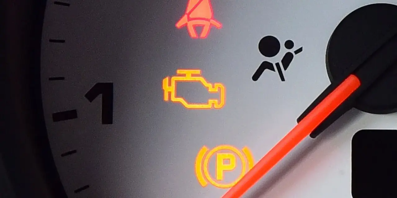 Kontrolka check engine świeci się. Czy można jeździć? Na desce rozdzielczej widać też kontrolki pasów i poduszek powietrznych.