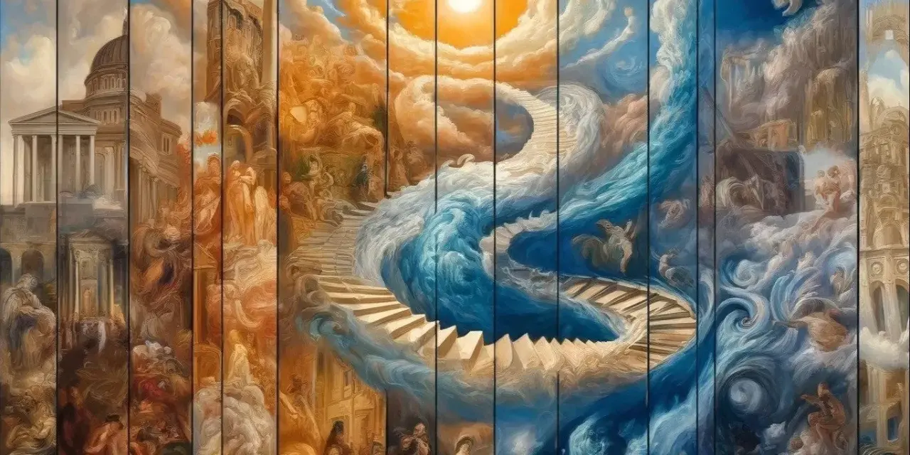 Un escalier céleste serpente à travers des nuages bleus et dorés, dans un style de peinture onirique. Des figures mythologiques flottent dans ce paysage éthéré.