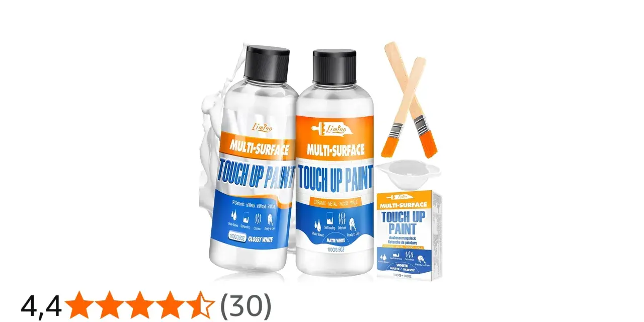 Dos botellas de barniz de retoque multi-superficie, dos pinceles y un recipiente. Ideal para reparaciones rápidas.