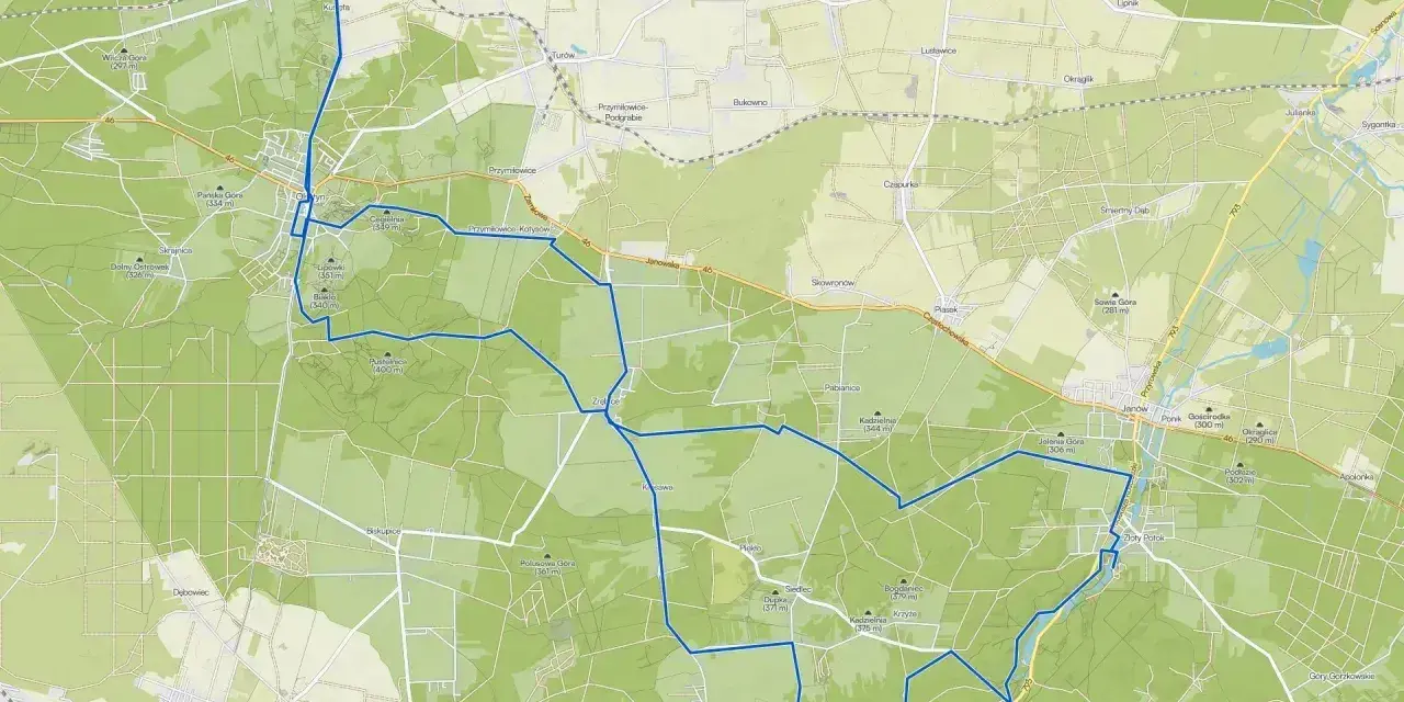 Trasa rowerowa Olsztyn: mapa z zaznaczonymi ścieżkami przez lasy i wsie.