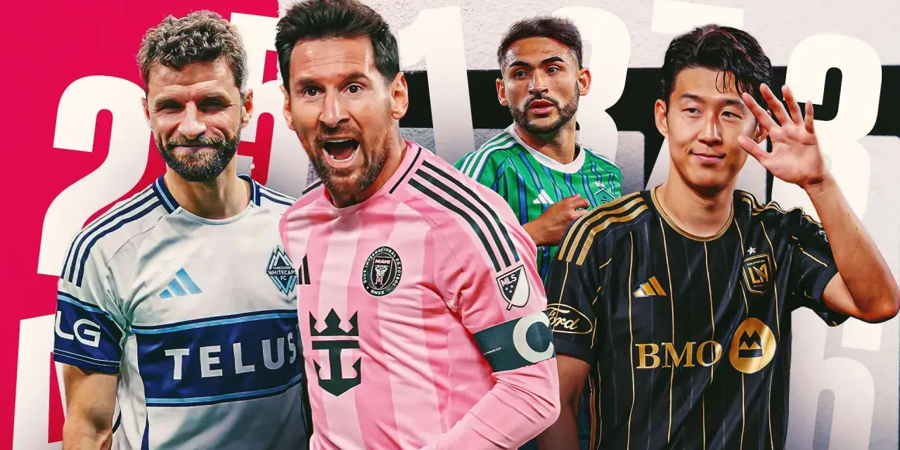 Cuatro jugadores de la MLS: Thomas Müller, Lionel Messi, un jugador de Austin FC y Son Heung-min, listos para la acción.