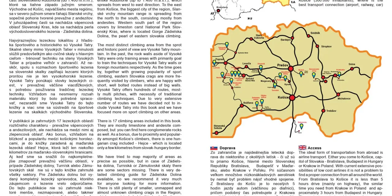 Mapa ukazuje sieć dróg i miast na Słowacji, z zaznaczonymi Tatrami Wysokimi i Koszycami. W tle widać fragment tekstu o wspinaczce i układ scalony.