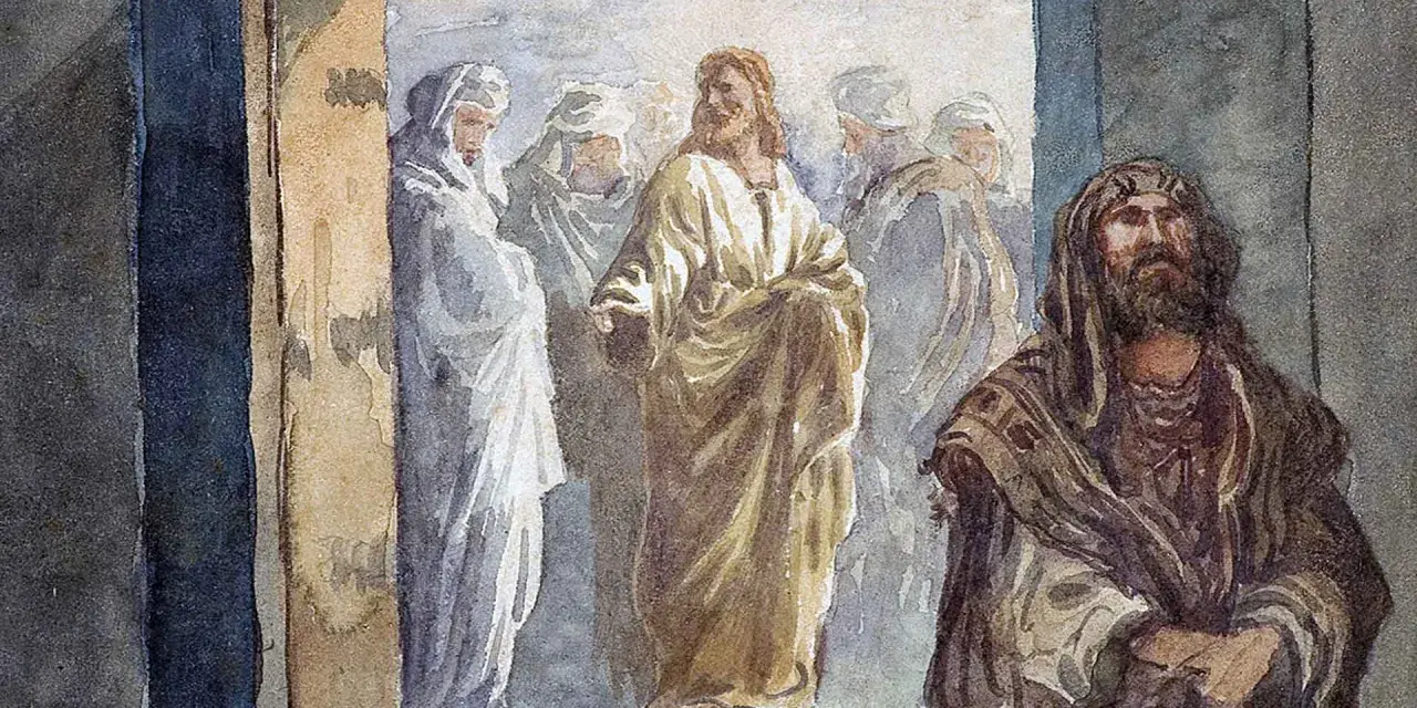Jezus w złotej szacie przemawia do ludzi, przypominając o głównych prawdach wiary. Obok stoi mężczyzna w brązowym płaszczu.