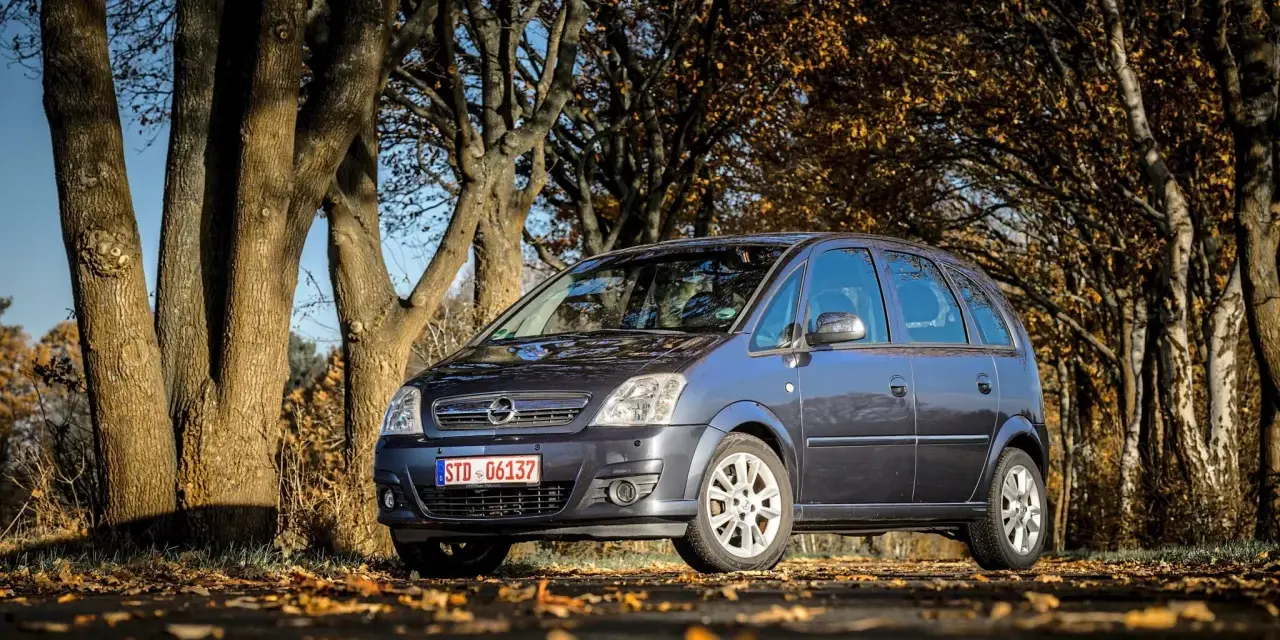 Ein dunkelgrauer Opel Meriva 2009 steht auf einem herbstlich gefärbten Weg, umgeben von Bäumen mit gelben Blättern.