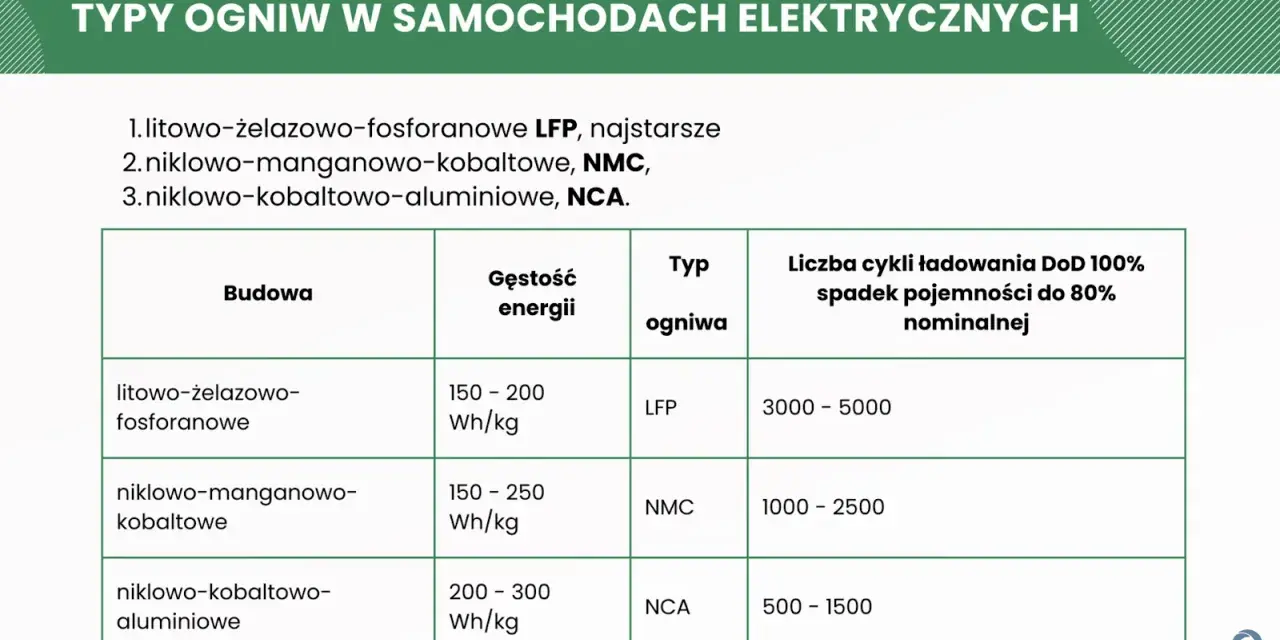 Tabela porównuje rodzaje akumulatorów: LFP, NMC, NCA, uwzględniając ich budowę, gęstość energii i liczbę cykli ładowania.