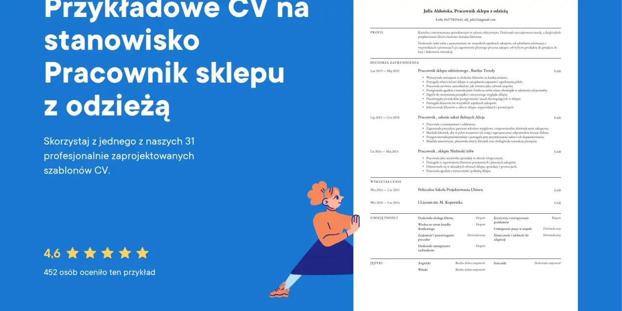 CV pracownika sklepu odzieżowego z profilem, historią zatrudnienia i umiejętnościami.