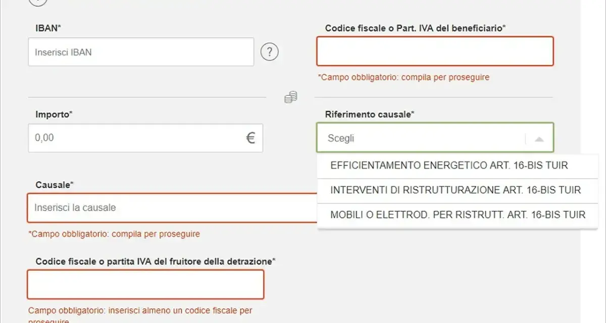 Compilazione bonifico: causale detrazione impianto elettrico, inserimento IBAN, importo e codice fiscale.