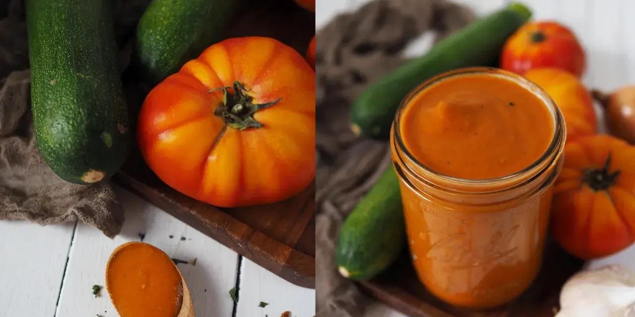 Zucchini-Ketchup in einem Glas, daneben frische Zucchini, Tomaten und Knoblauch. Ein Löffel mit dem Ketchup liegt daneben.