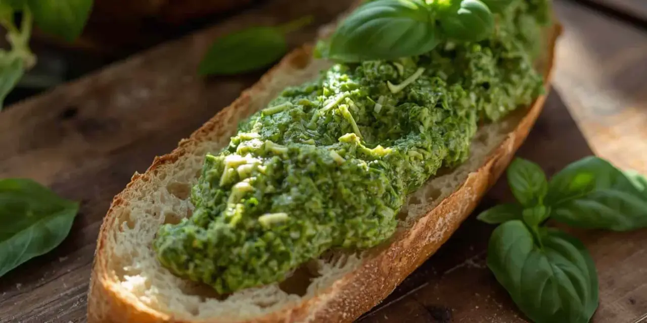 Fetta di pane croccante con abbondante pesto di zucchine e basilico fresco, su tagliere di legno.