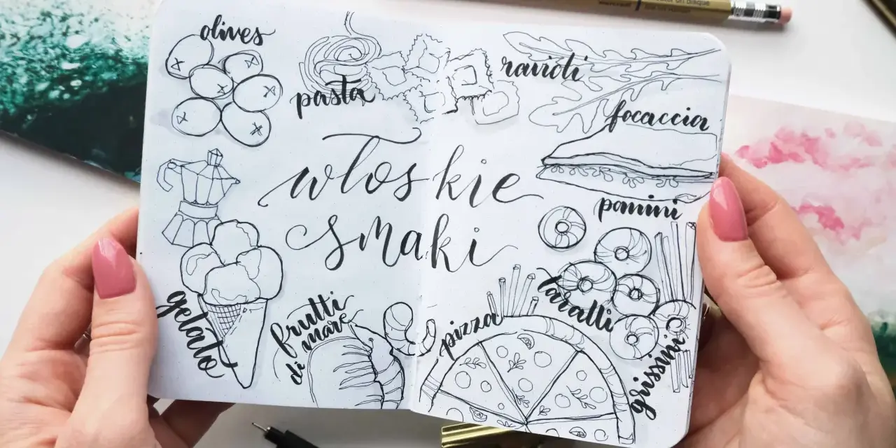 Rysunek z włoskimi smakami: oliwki, gelato, pasta, ravioli, focaccia, panini, pizza, taralli, grissini. Idealny na wakacje!