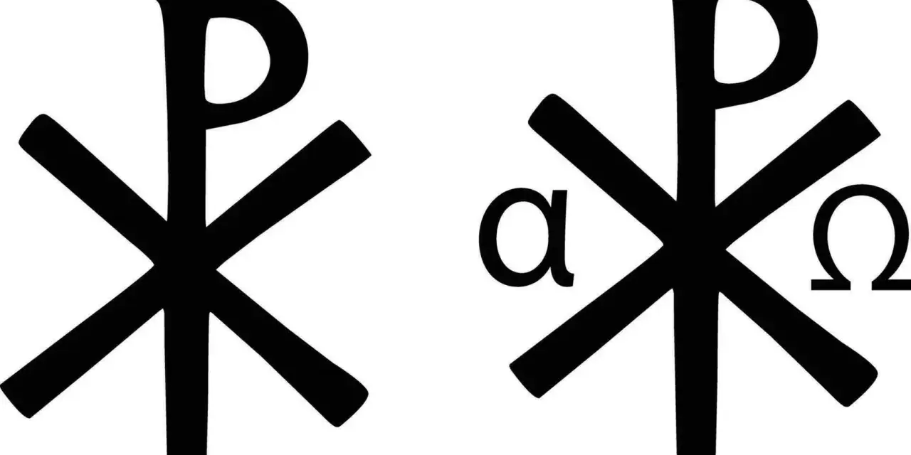 Zwei schwarze Symbole auf weißem Grund. Links ein Chi-Rho-Symbol, rechts ein Chi-Rho mit Alpha und Omega. Die Chi Rho bedeutung ist tiefgründig.