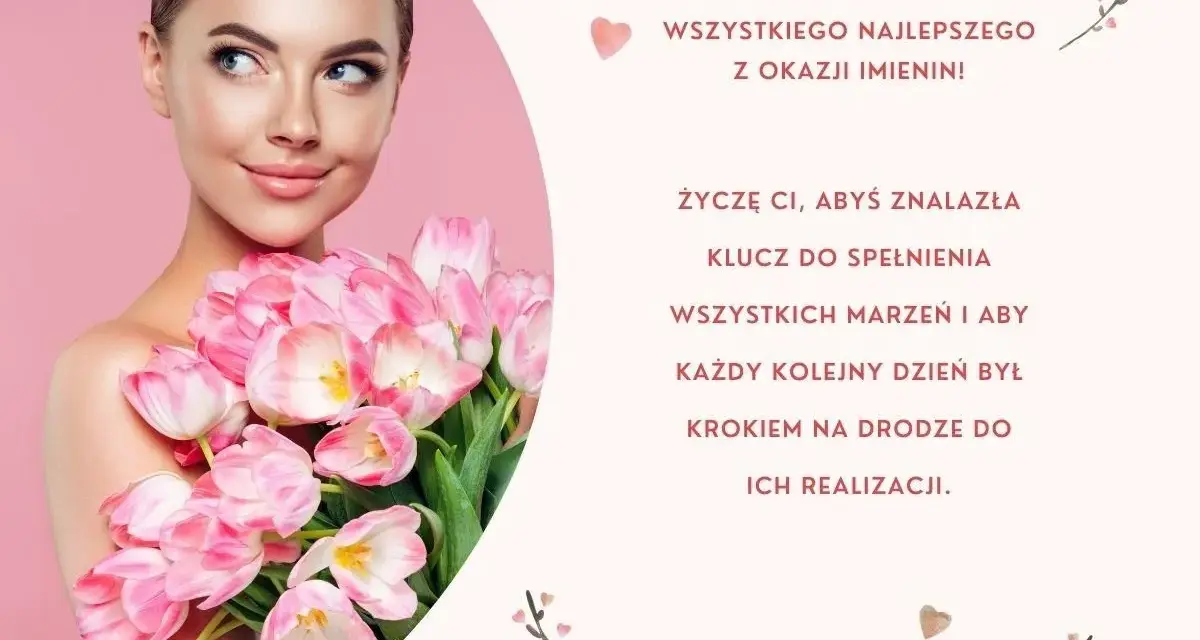 Gotowe życzenia imieninowe: piękna kobieta z bukietem różowych tulipanów, życzenia spełnienia marzeń.
