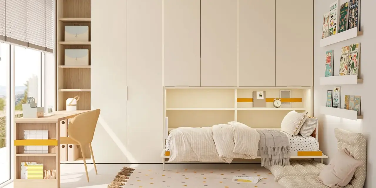 Acogedora habitación juvenil con cama, escritorio y amplios armarios. Un espacio ideal para estudiar y descansar.