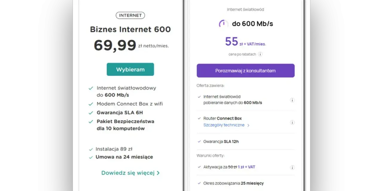 Dwa pakiety internetowe Play: jeden z ceną 69,99 zł, drugi z rabatem za 55 zł.