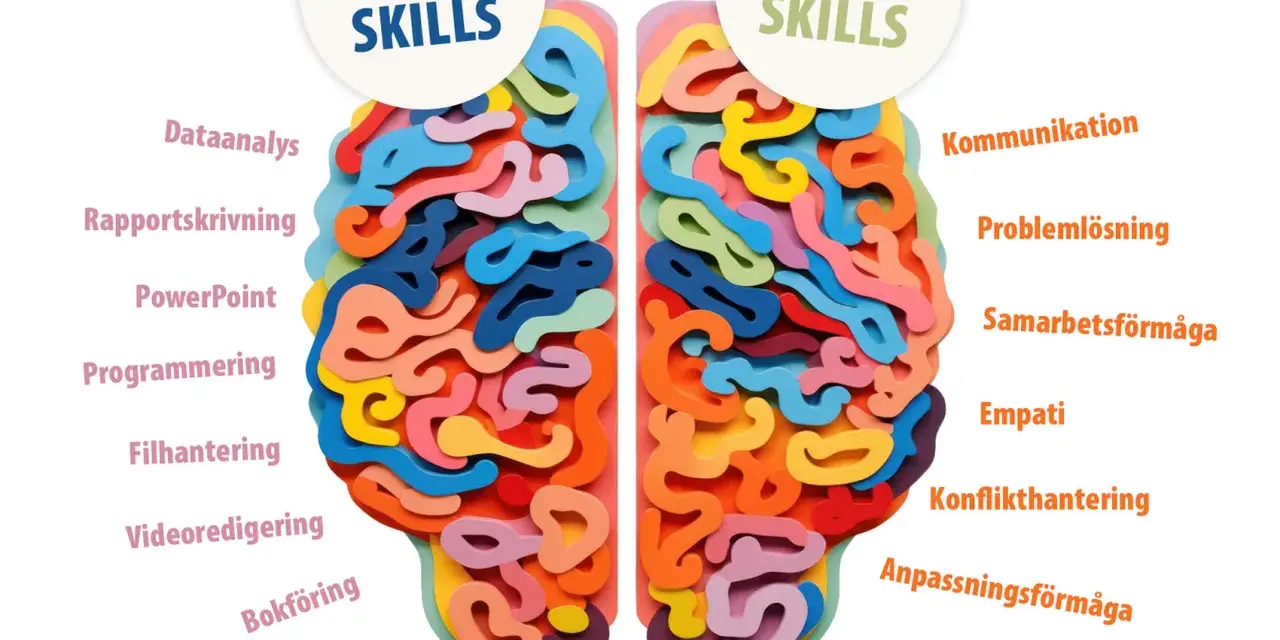 Bilden visar en hjärna uppdelad i "Hard Skills" och "Soft Skills". Den illustrerar vad som menas med skills, med exempel som programmering och kommunikation.