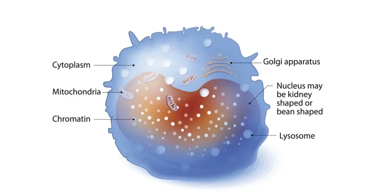 Ilustracja monocytu z zaznaczonymi organellami: jądrem, cytoplazmą, mitochondriami, aparatem Golgiego i lizosomami.