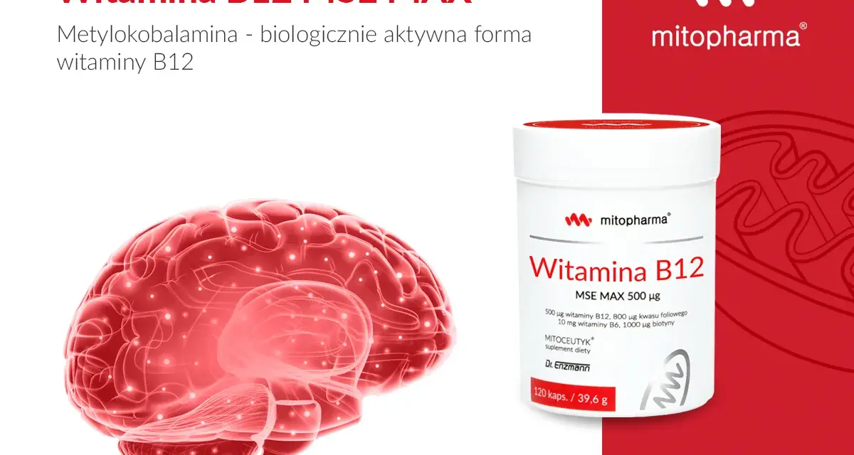 Wsparcie dla mózgu: witamina B12 na co pomaga. Czerwony mózg i opakowanie suplementu diety z witaminą B12.