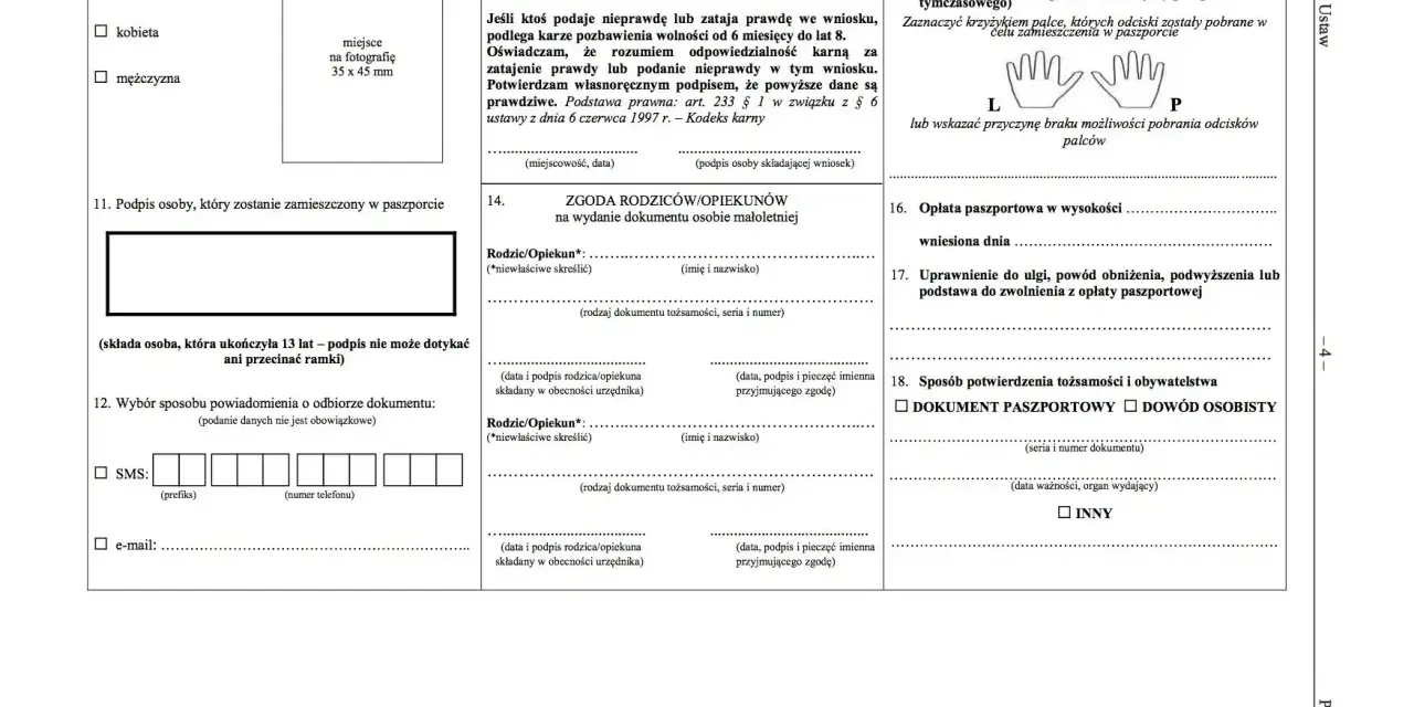 Formularz wniosku o paszport zawiera sekcje dotyczące danych osobowych, zgody rodziców, opłat i sposobu potwierdzenia tożsamości.