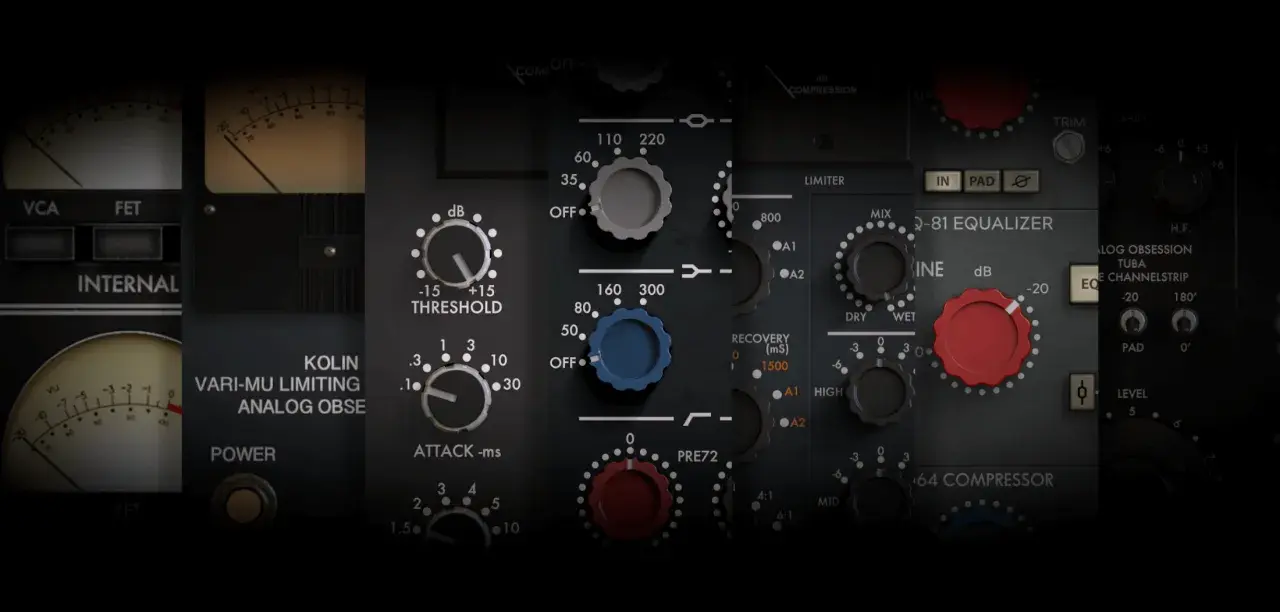 Panel kontrolny sprzętu audio z pokrętłami i wskaźnikami VU. Widać napisy "KOLIN VARI-MU LIMITING ANALOG OBSESSION".