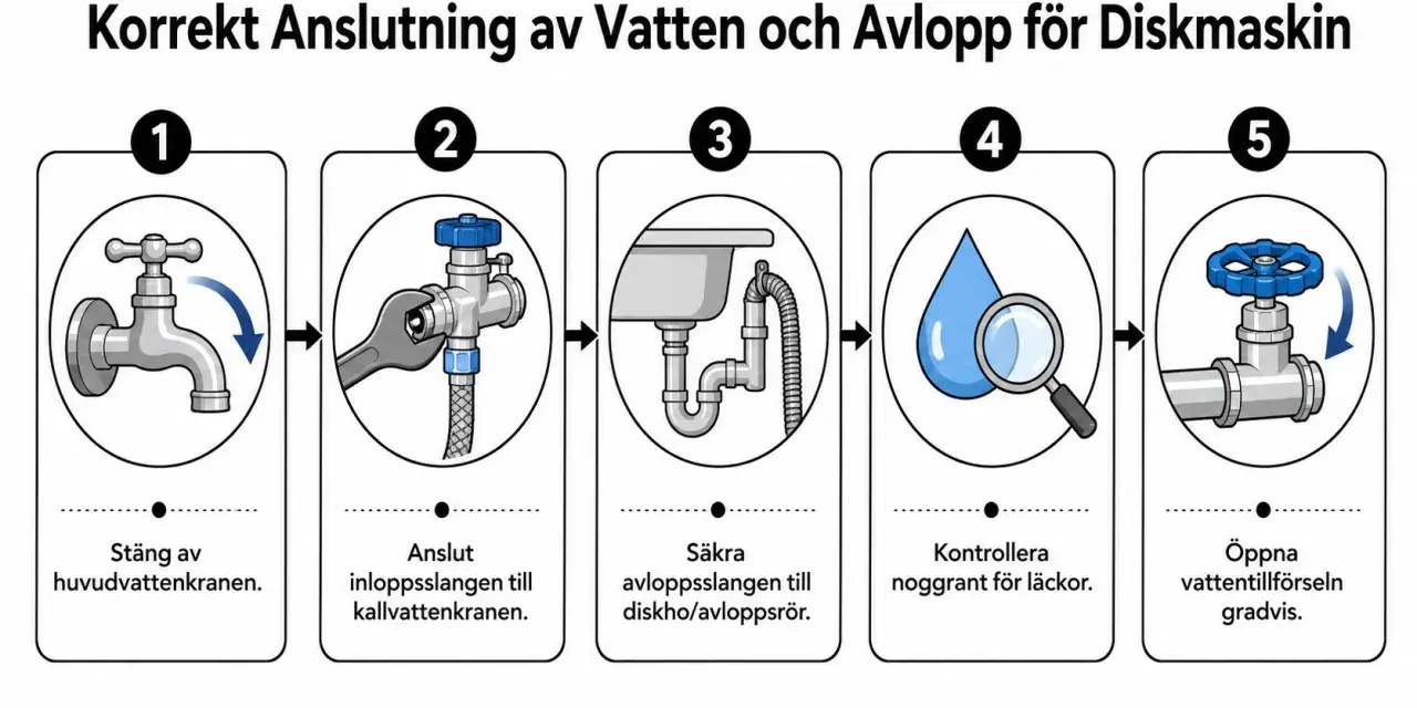 Steg-för-steg-guide för att installera diskmaskin: stäng av vatten, anslut slang, säkra avlopp, kontrollera läckor, öppna vatten.