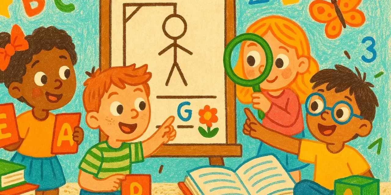 Niños aprenden con alegría. Un niño señala la letra "G" en un tablero, otro sostiene la "A", mientras una niña usa una lupa. ¡Una escena de iniciación a la lectura!