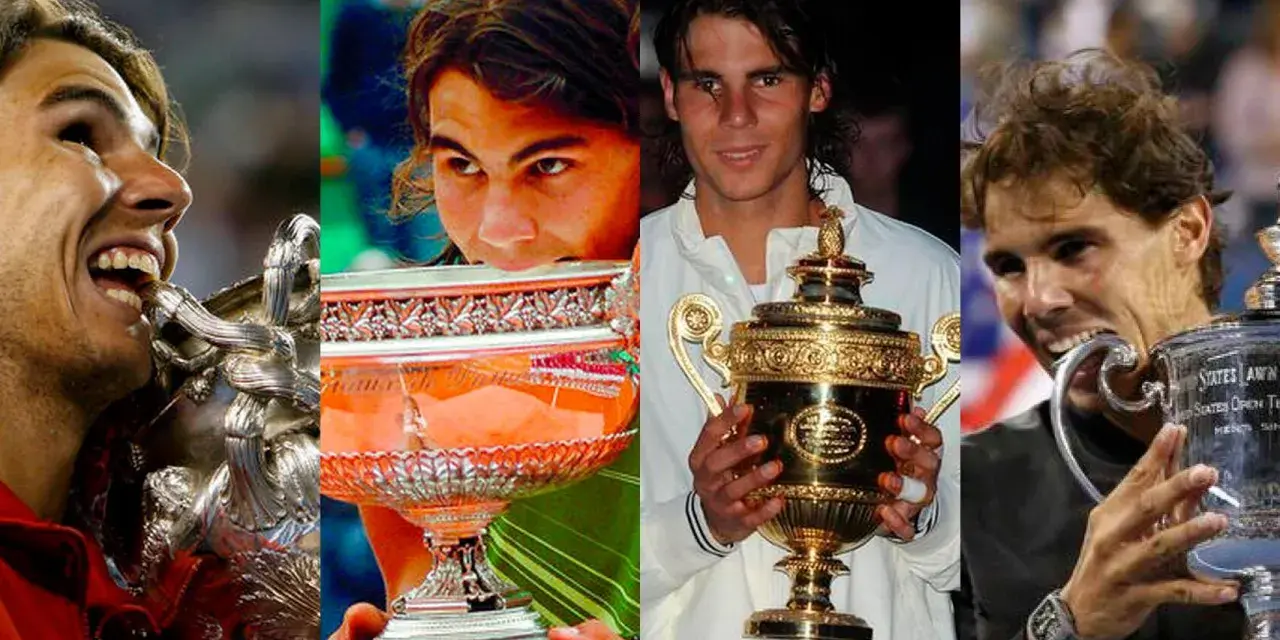 Rafael Nadal celebra sus grand slams, mostrando la gloria de sus victorias en el tenis.