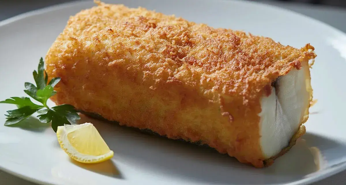 Un trozo de bacalao rebozado y dorado, servido con perejil y limón. Perfecto para tus recetas de bacalao.