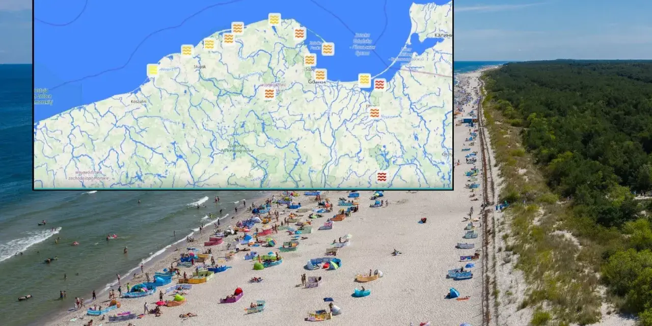 Mapa pokazuje, gdzie najcieplej nad morzem. Widać plażę pełną ludzi i parawanów.