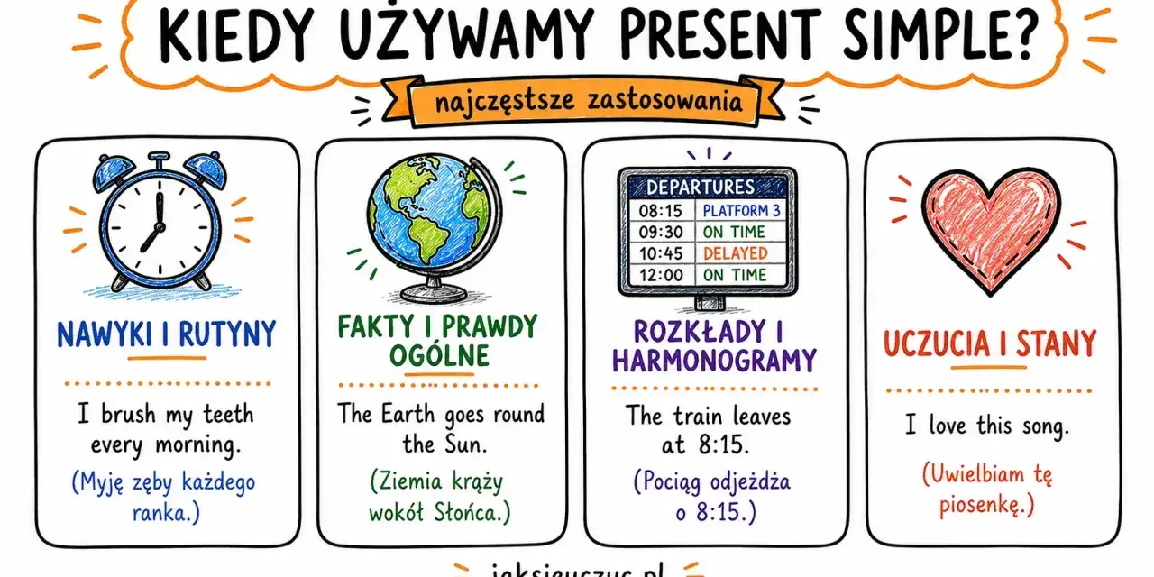 Present simple zasady: nawyki (budzik), fakty (Ziemia), rozkłady (pociąg), uczucia (serce).