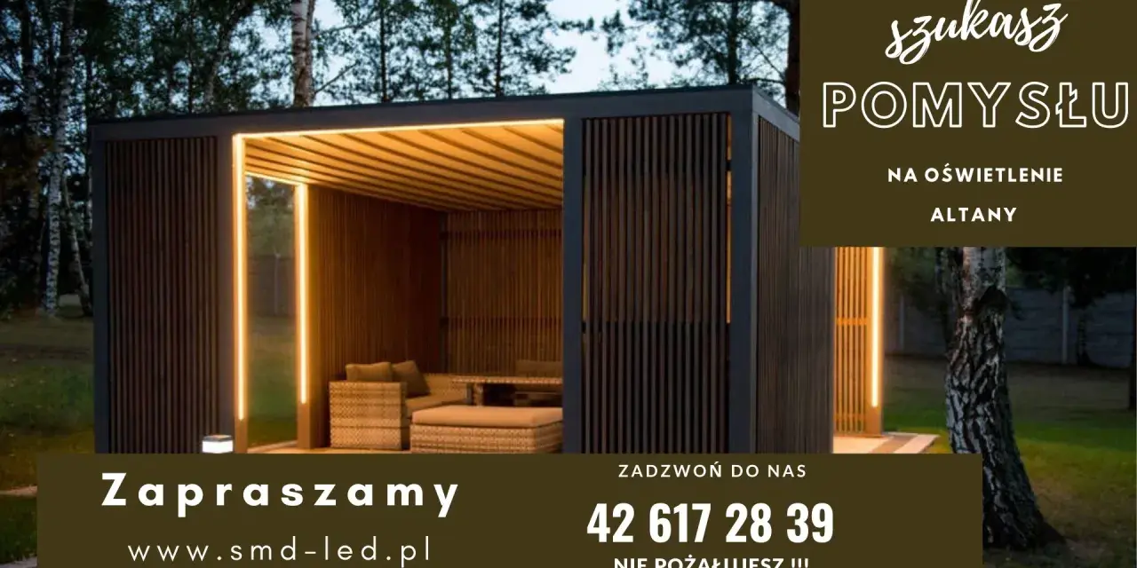 Nowoczesna altana z drewnianymi ścianami i oświetleniem LED. Szukasz pomysłu na oświetlenie altany? Zadzwoń!