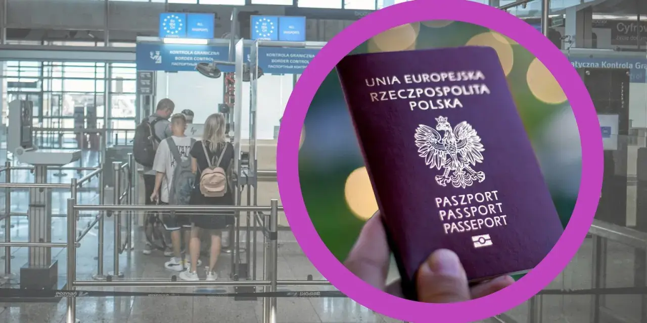 Paszport UE w dłoni, a w tle kolejka do kontroli granicznej. Czy do Wielkiej Brytanii trzeba mieć paszport? Sprawdź zasady wjazdu.